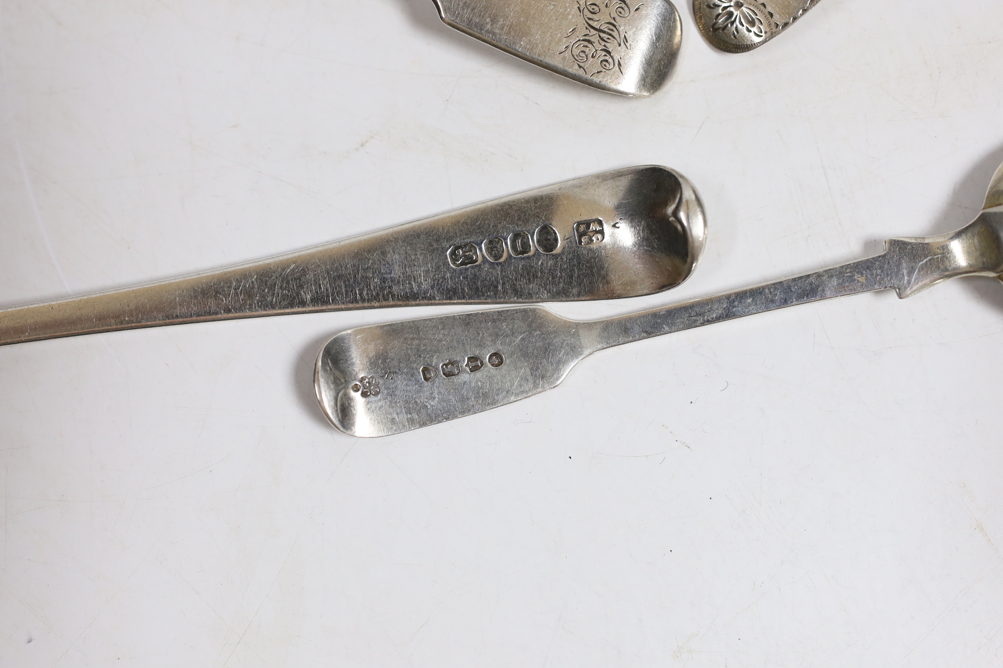 A quantity of assorted 19th century and later silver flatware, various patterns, dates and makers, including a set of silver bright cut engraved fiddle pattern teaspoons, 1843 and a Newcastle caddy spoon